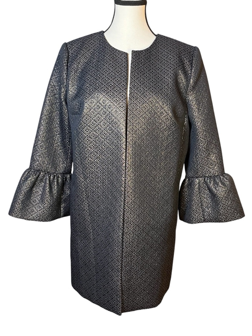 Isaac Mizrahi IMNYC Black Sparkly Look With Bell Sleeve Dress Coat Jacket Size M